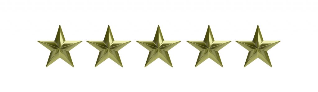 Five golden stars isolated against white, rating concept. 3d illustration